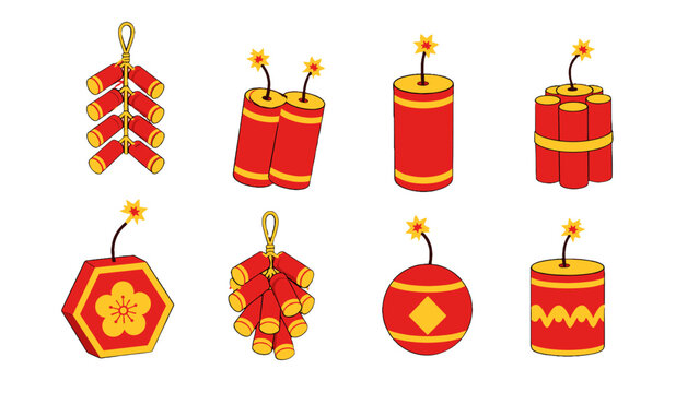 Set of red firecracker and fireworks vector icons
