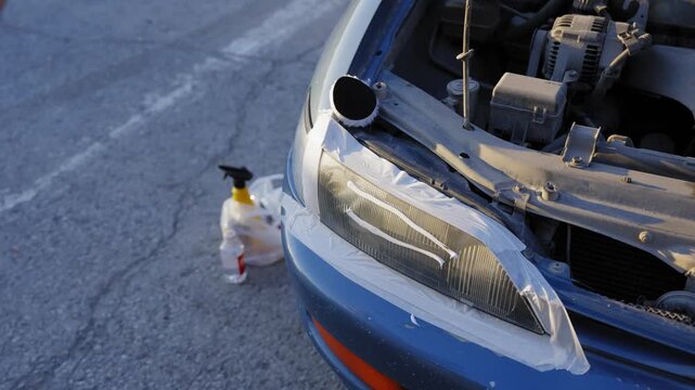 The process of polishing car headlights outdoors. 