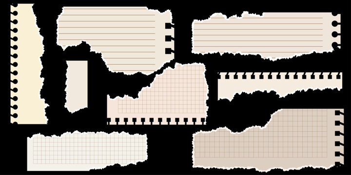 Collection of realistic torn paper scraps on black. vintage style shredded note fragments with lines and grids. decorative elements for creative scrapbooking projects. authentic paper