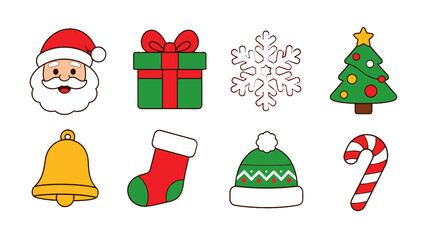 Naklejka premium Christmas holiday icon set with Santa gift snowflake tree and bell