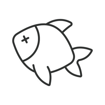 Dead fish icon in line design. Pollution, environmental, issue, marine, animal, death, water on white background vector. Aquatic problem editable stroke icon.