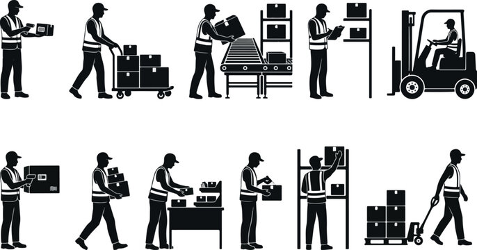 Warehouse logistics worker and forklift silhouette set