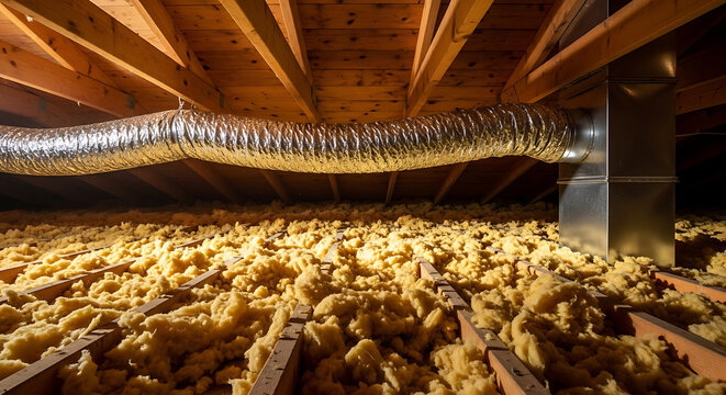 Attic Insulation And Ventilation Ductwork Beneath Wooden Roof Structure Interior Scene