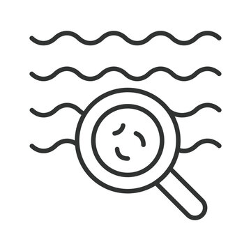 Magnifying glass searching wavy lines icon in line design. Explore, analyze, water, sound, research, discovery, investigation on white background vector. Magnifying glass editable stroke icon.