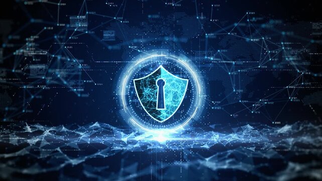 Digital shield with keyhole icon in center floating over abstract network connections and data nodes
