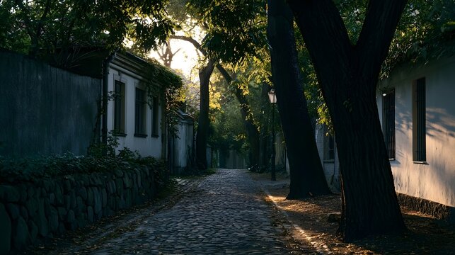 A majestic old town alley features quaint cobblestone streets with sunlight filtering through the trees