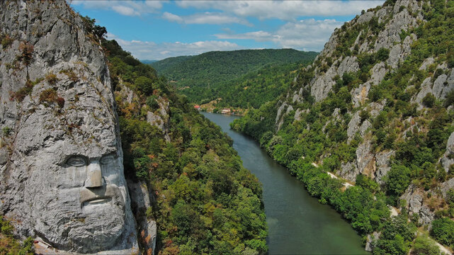 Statue of ancient dacian king Decebal on Danube river
