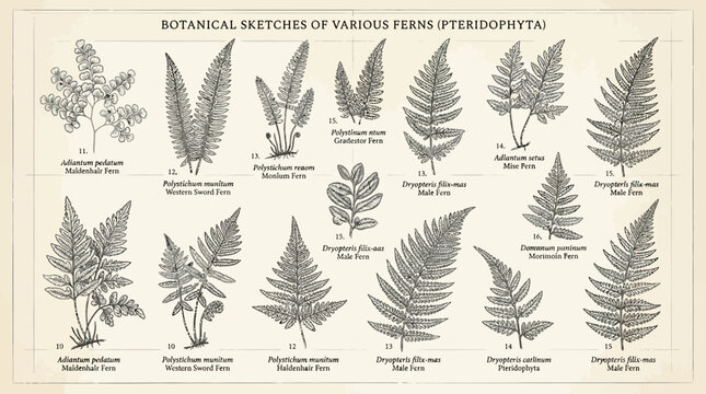 Vintage botanical sketches of various fern pteridophyta species.