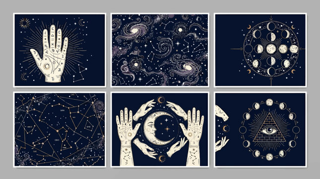 Vintage mystical esoteric panels featuring celestial and occult themes.