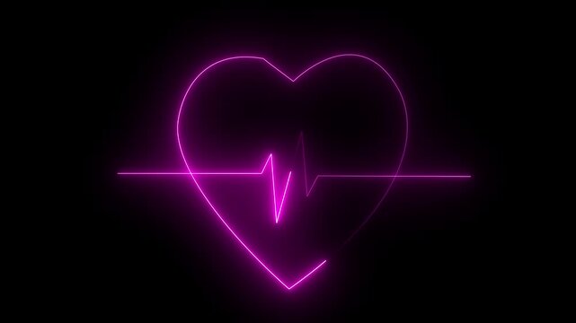 pink Glowing neon love heart beat line animation and black background.Abstract neon heartbeat signal icon animation black background .abstract neon icon animation...