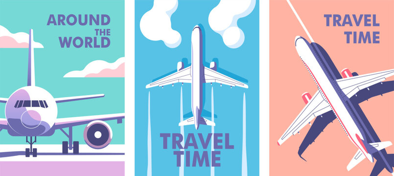 Airplane flying in the sky with clouds. Passenger plane parked on the runway. Travel, journey concept. Perfect background on the theme of season vacation, weekend. Vector illustration.