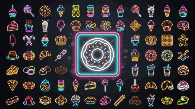 Glowing neon food icons and dessert shop signs.