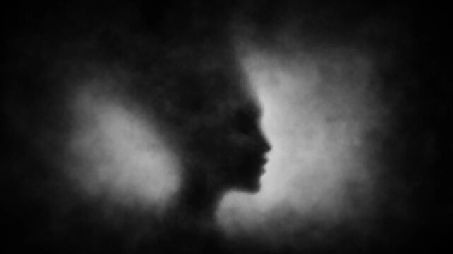 2D animation in horror fantasy genre. Mystic girl head in other dark world. Gloomy ghost in haze. Spooky female character. Gothic cruel woman.