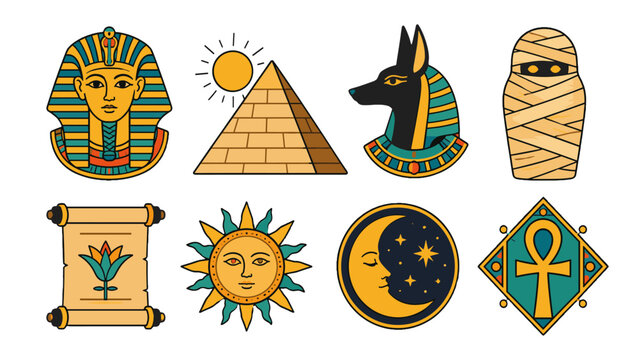 Ancient Egyptian symbol icon set with pyramid and ankh