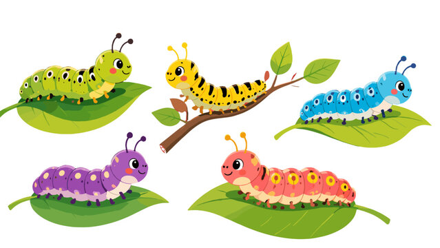 Colorful cartoon caterpillars on leaves and branch set