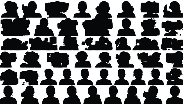 Silhouettes representing diverse human figures are arranged in a grid pattern to serve as a comprehensive visual collection of various professional and casual character profiles for graphic projects.