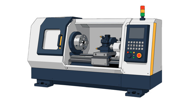 CNC metal lathe machine with control panel vector illustration