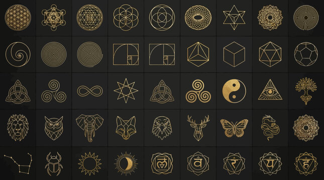 Sacred geometry and spiritual symbols collection in gold color.