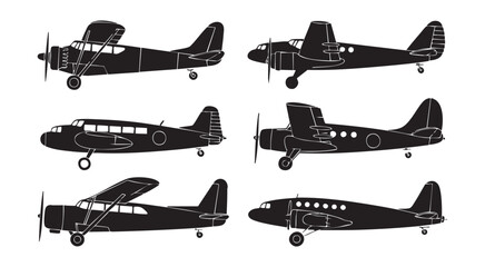 Vintage airplane silhouettes showing side views of classic propeller aircraft and antique biplanes. © MdNasir