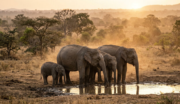 Herd of wild Asian elephants at a waterhole at golden hour in Sri Lanka