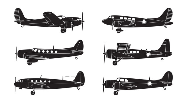 Classic aircraft side view silhouettes featuring various propeller planes and heritage flight models.