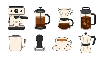 Fototapeta premium Vector set of coffee brewing tools and cups