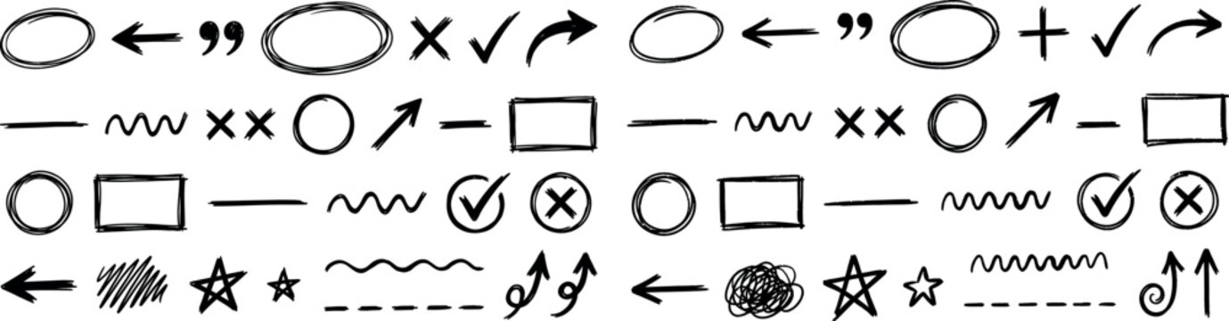 Hand drawn marker sketch elements set. Circle highlight shapes, arrows, underlines and check marks doodle vector illustration.