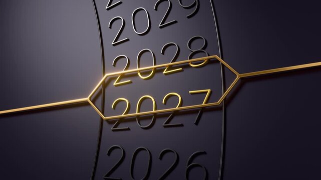 Close-up 3D animation of a dark vertical year counter spinning and stopping at 2027, highlighted by a glowing gold geometric arrow pointer on dark graphite background. Luxury New Year concept.