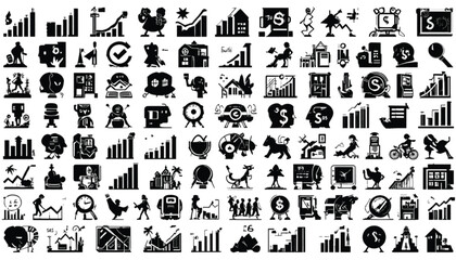 Obraz premium Icons representing financial growth and business strategy are organized in a structured grid format to provide a comprehensive collection of corporate graphics for professional communication projects.