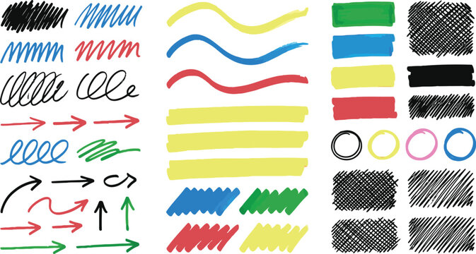 Hand drawn marker strokes arrows and colorful abstract design elements