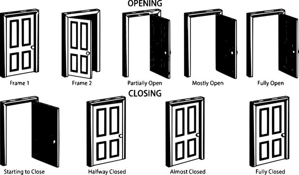 Door animation. Opened and closed wooden doors, sprite animation house entrance. Wood door in different position isolated vector illustration set. House facade or room entry isolated collection