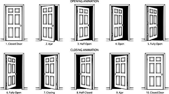 Door animation. Opened and closed wooden doors, sprite animation house entrance. Wood door in different position isolated vector illustration set. House facade or room entry isolated collection