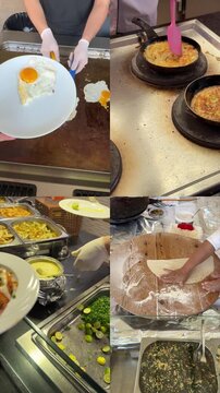 A split screen captures the vibrant variety of an all-inclusive resort buffet: chefs grilling seafood, steaming veggies, carving roasts, and arranging colorful salads and desserts.