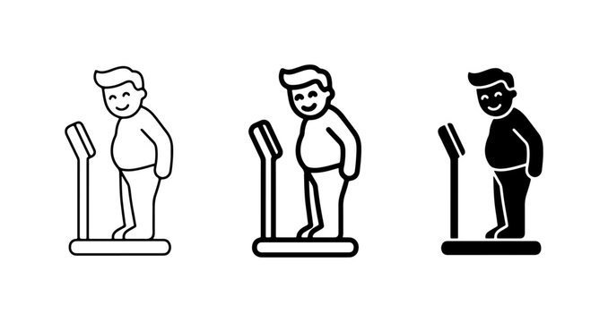 Overweight Man Weighing Scale Icons, Obesity Health Check Vector Set, Body Mass Index Icons