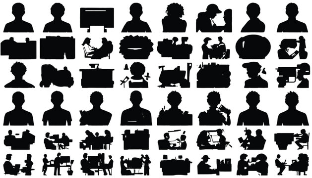Silhouettes depicting diverse human figures and professional interaction scenarios are organized into a grid to provide a comprehensive library of character representations for corporate visual.