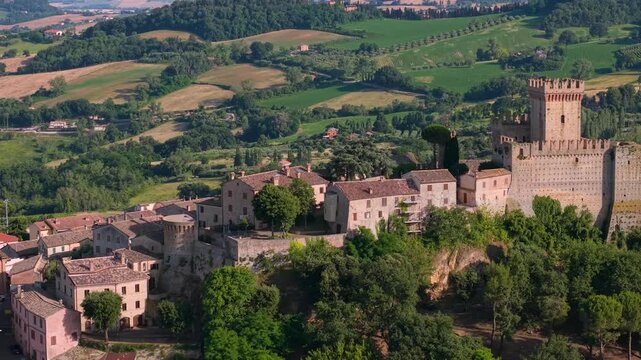 Offagna Marche Italy one of the most beautiful villages 4k drone 70mm cinematic view of medieval Rocca castle. Tight compression flight around historic fortress stone walls details and hilltop borgo
