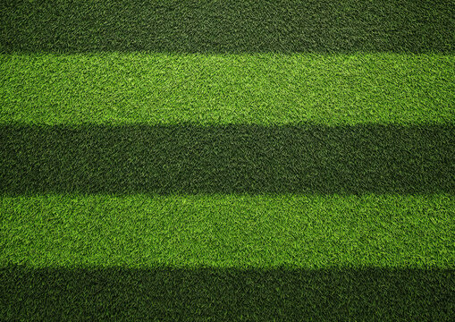 Green artificial turf background, with distinct light, and dark stripes, mimicking the appearance, of a manicured, soccer field or, stadium lawn