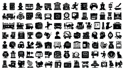 Obraz premium Icons representing various business operations and digital technology concepts are arranged in a dense grid pattern for professional design projects.