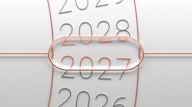 3D animation of a year counter spinning through decades and stopping at 2027, highlighted by a rose gold arrow pointer with glass lens on white textured background. Elegant minimal New Year concept.