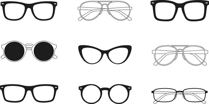 Eyeglasses and sunglasses vector set with different frame styles round square cat eye fashion accessories
