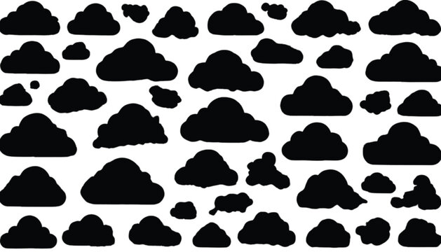 Clouds in various shapes and sizes are presented as a collection of black silhouettes on a white background to provide versatile design elements for weather forecasting or atmospheric graphics.
