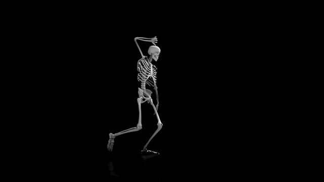 A 3D rendered human skeleton performing a rhythmic dance move isolated on a solid black background for motion
