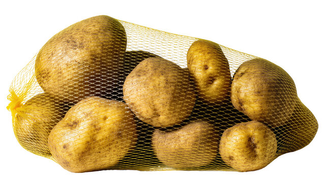 Isolated fresh raw brown potatoes in yellow mesh bag ready for cooking or healthy storage
