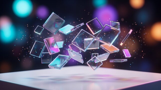 Set of floating glass rectangles with iridescent tints and soft bokeh light circles creating dreamy 3d background display on white pedestal for product showcase and modern presentations.