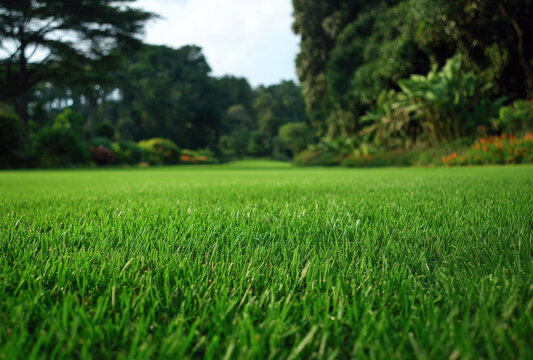 Low angle view of a vibrant green grass lawn in a park setting with blurred trees and foliage in the background, under a soft, daylight sky