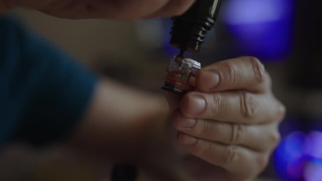 Closeup of hands refilling vape pod with e liquid from dropper bottle, detailed view of pod maintenance and modern e cigarette use against soft blurred background. Shooting in slow motion