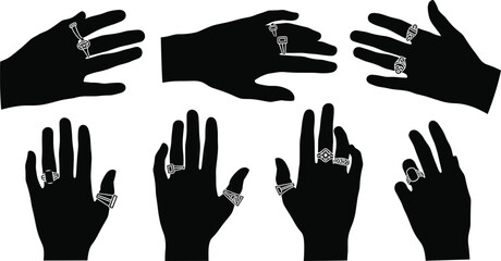 Fototapeta premium Female hand silhouettes with rings, elegant jewelry accessories collection, diamond gemstone fashion designs, vector illustration