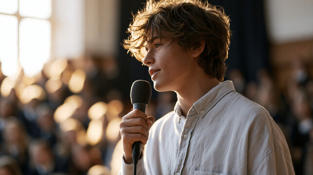 Teen with Tourette syndrome performing spoken word poetry on a school stage, audience captivated, microphone in hand, neurodiversity in performing arts, invisible disability