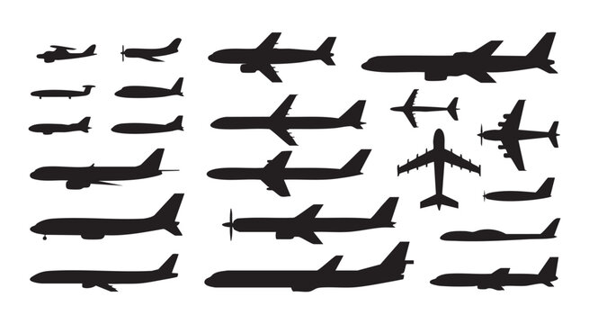 Aviation silhouette set with different plane types side views from light aircraft to heavy airliners.
