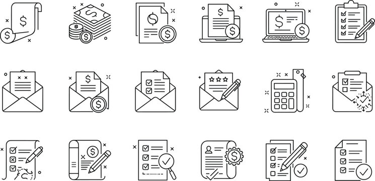 Finance and accounting icons, invoice, tax, payment, audit, calculator, contract, business report, vector illustration